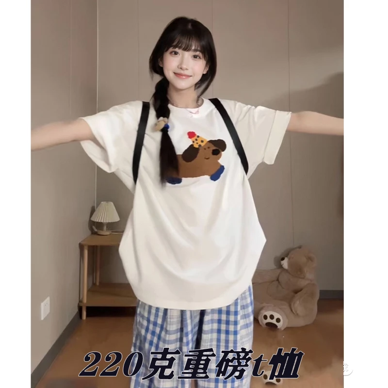 韩版设计感可爱趣味多巴胺印花纯棉短袖2025新款宽松百搭T恤女