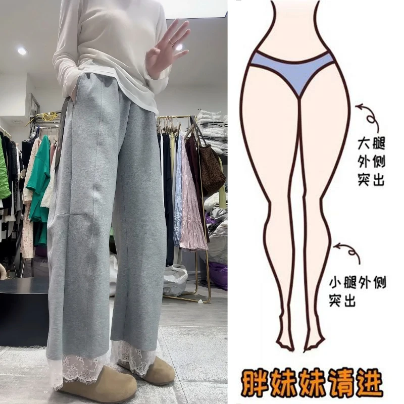 Aimeerosa/艾洛莎蕾丝拼接直筒休闲裤女夏季新款显瘦九分阔腿卫裤