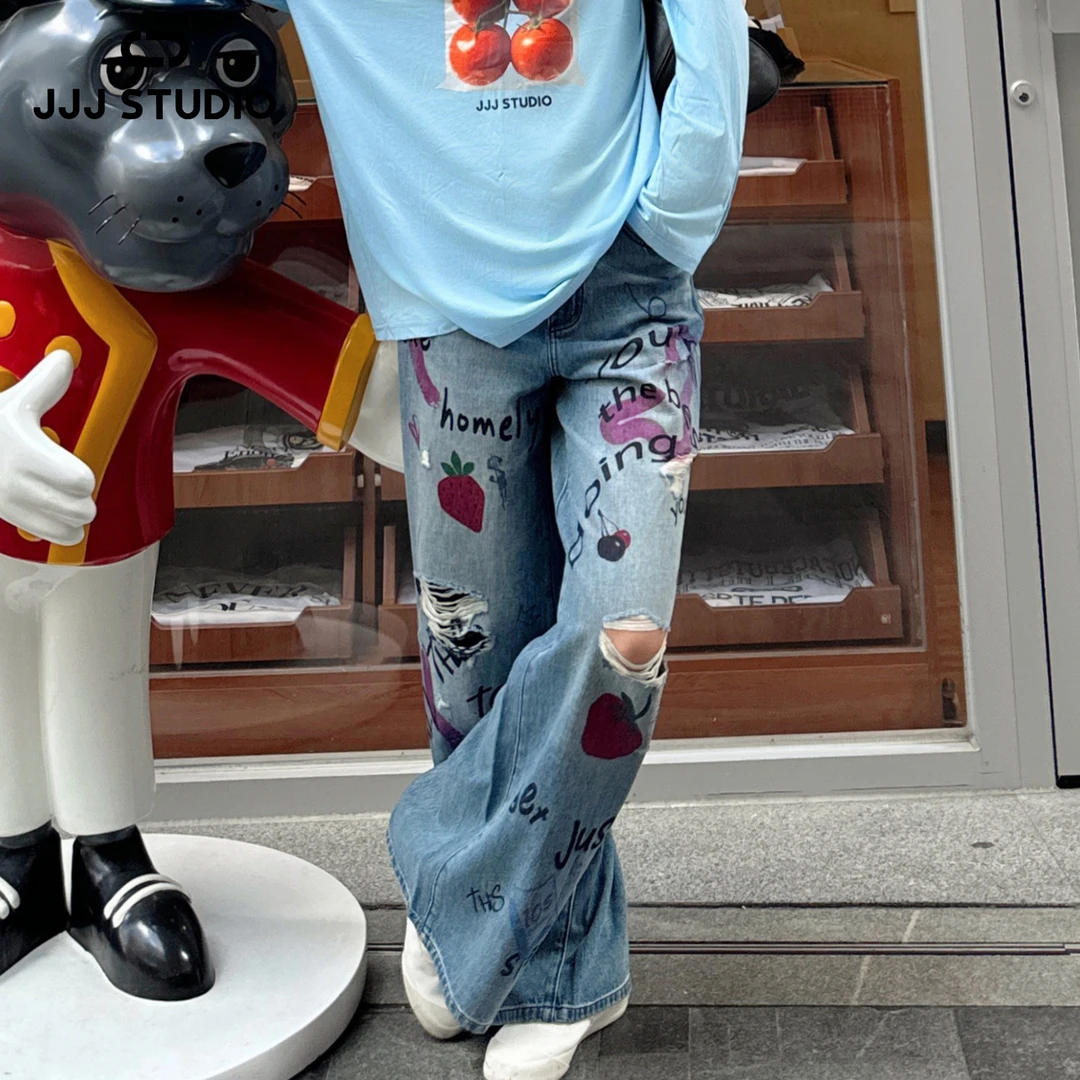 JJJ STUDIO 蓝色重工高街美式复古涂鸦风印花牛仔长裤 JDWWR1K193