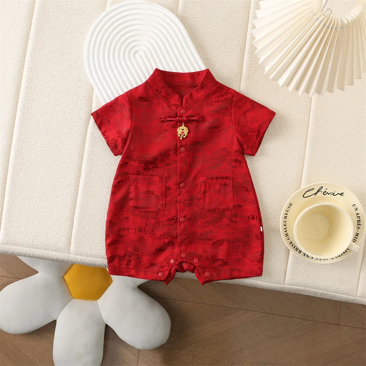 2025新款夏季宝宝红色唐装连体衣男童女童百天周岁礼服喜庆节日服