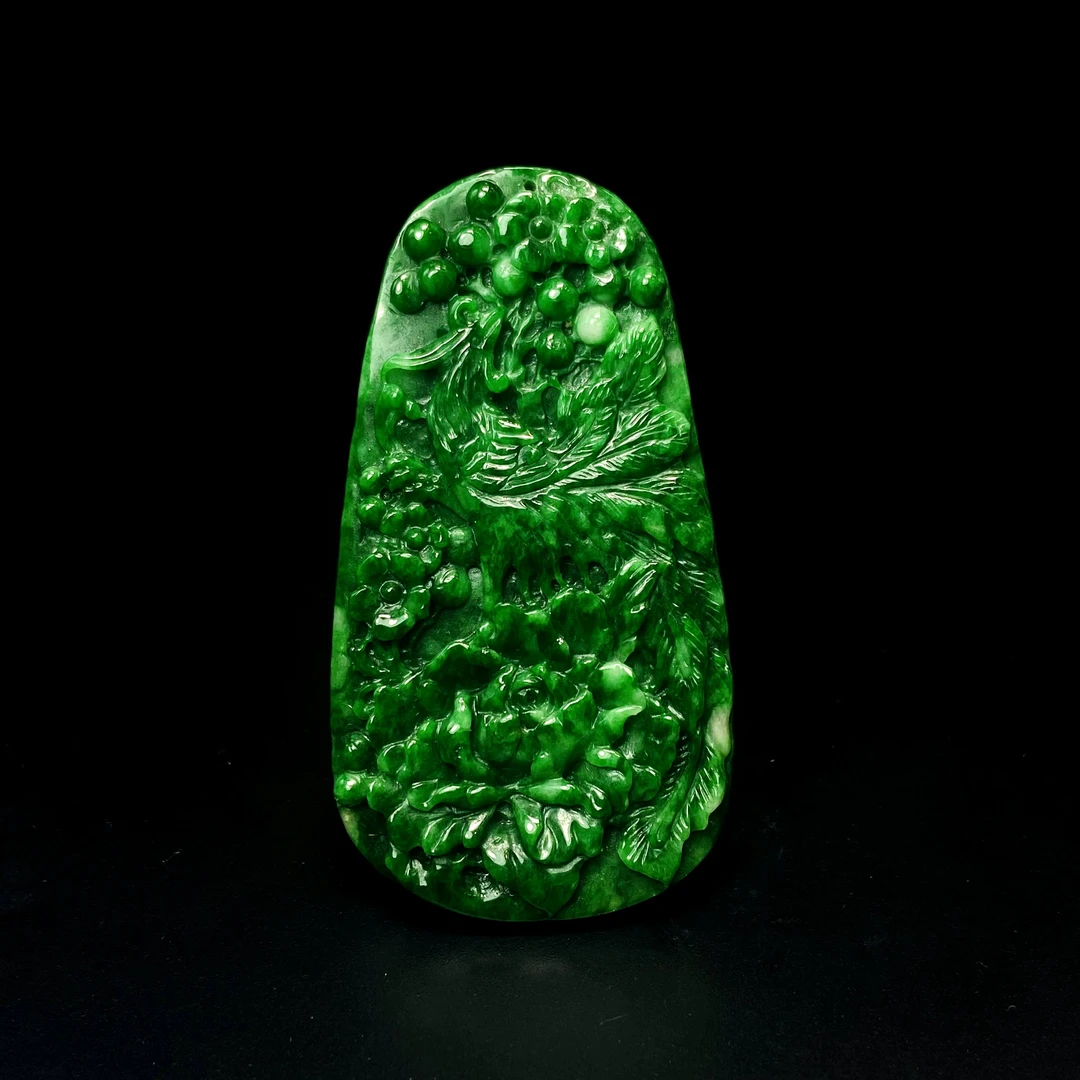 RX22天然缅甸A货翡翠花青凤穿牡丹吊坠/092766/北京中保拍卖