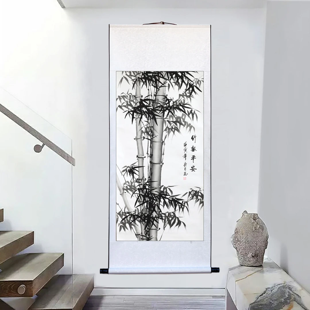国画纯手绘《竹报平安》客厅玄关办公室书画墨竹卷轴装裱170*75公分