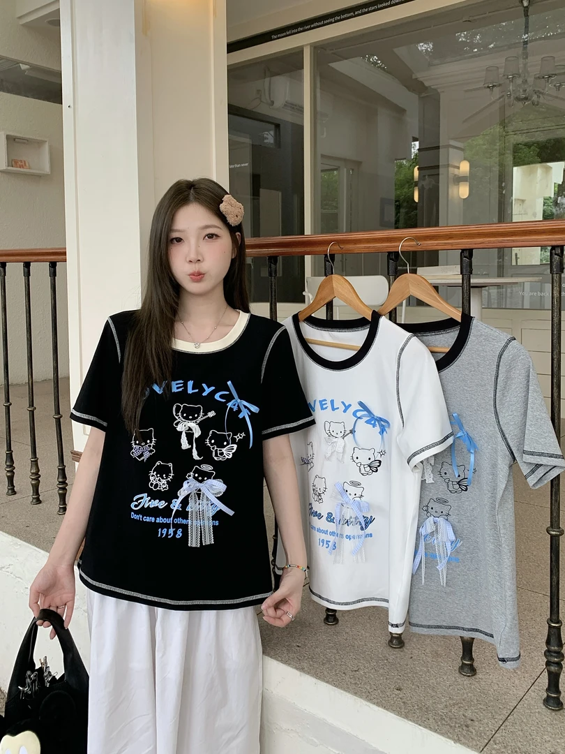 【鱼白专属】清2025夏大码立体蕾丝拼接蝴蝶结T恤卡通猫咪上衣64383