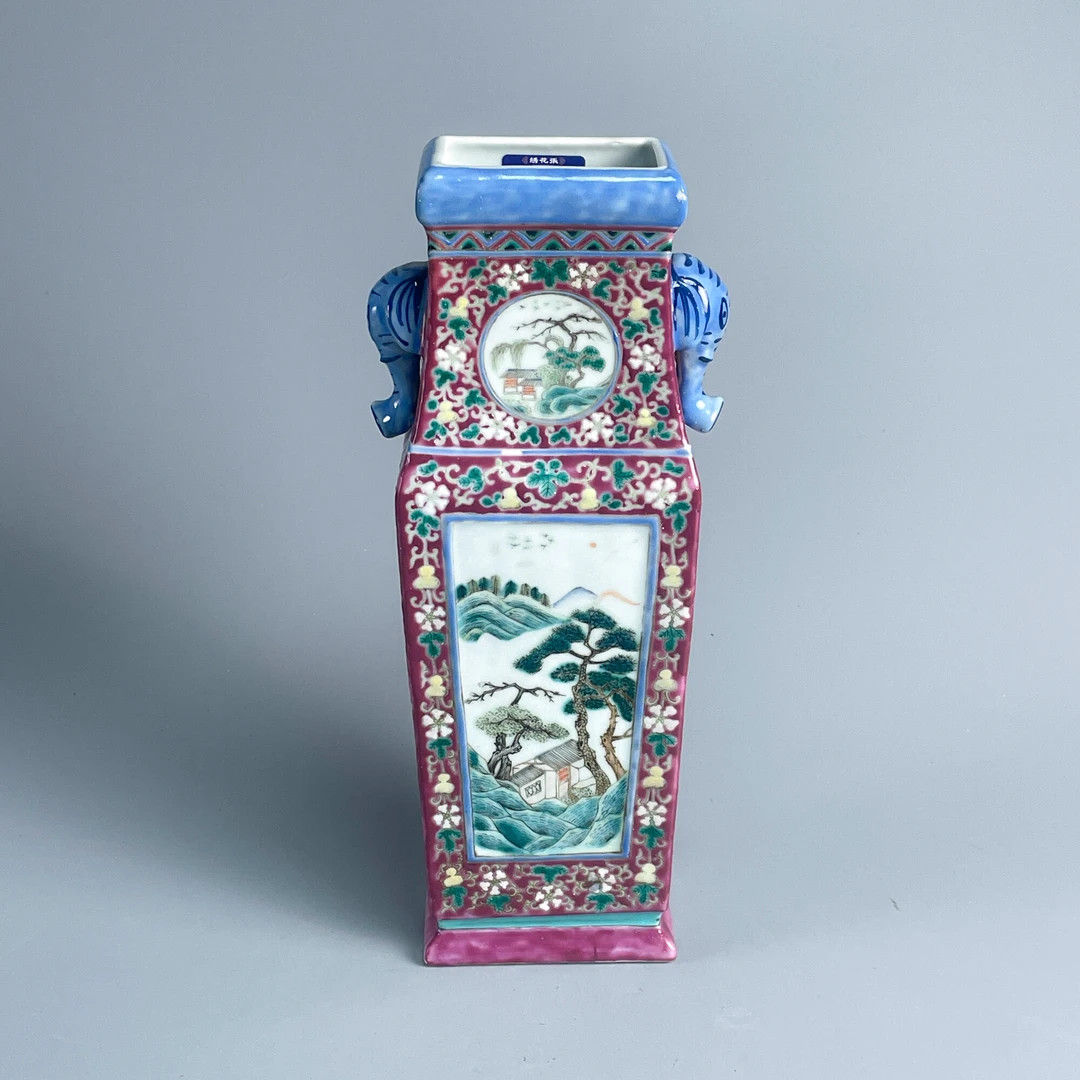 瓷器/古董光绪胭脂地粉彩开光山水象耳瓶-M25BU001868文物/绣花张