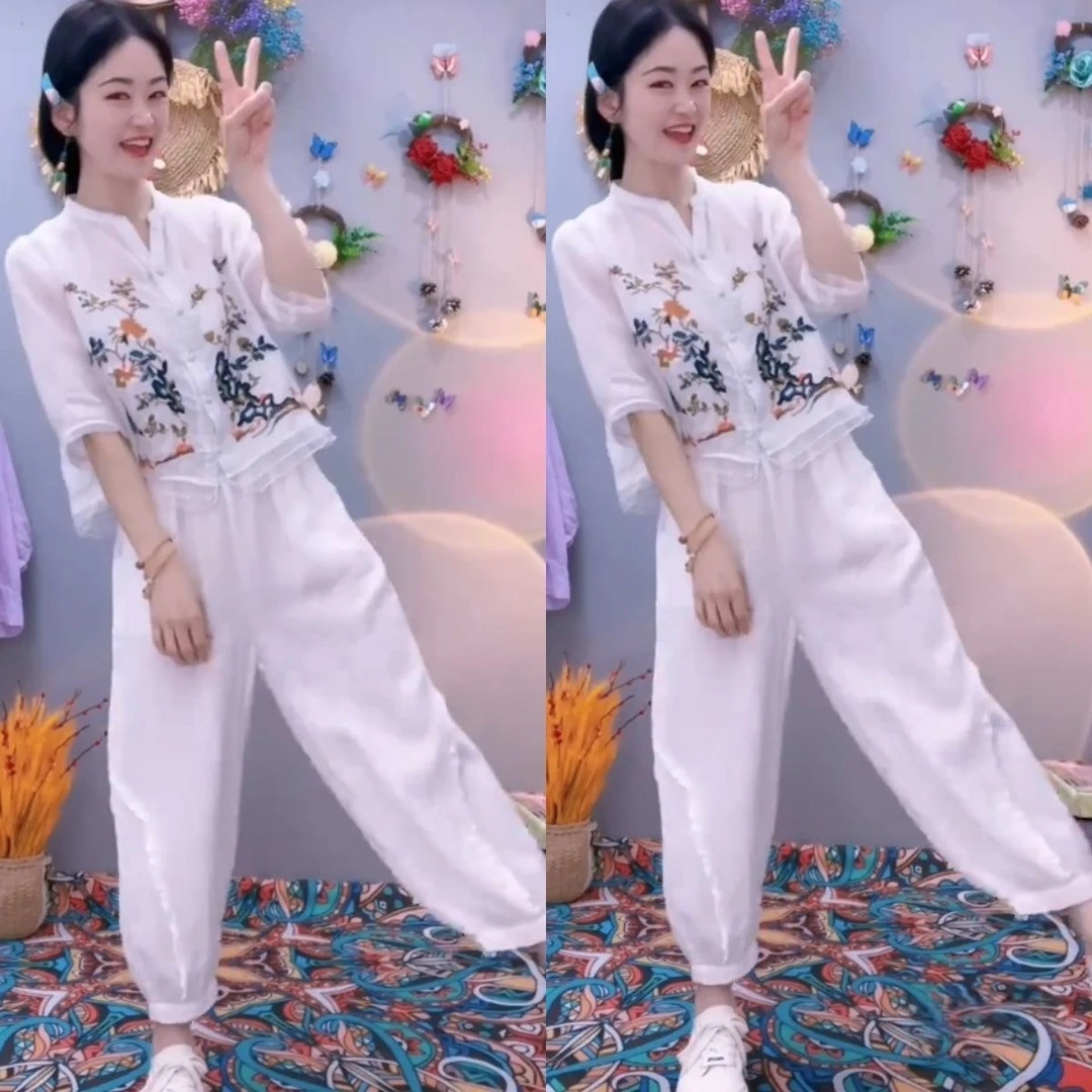 新款绣花雪纺衬衣小衫文艺复古2025夏季包扣中式宽灯笼裤两件套装