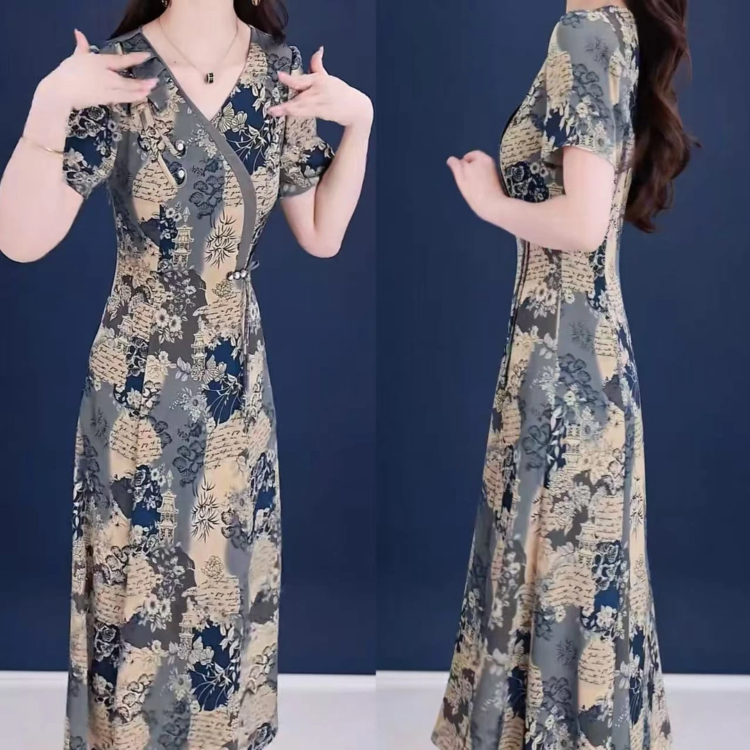 现货明天发-高端大气显瘦收腰中长款碎花妈妈装短袖连衣裙女士