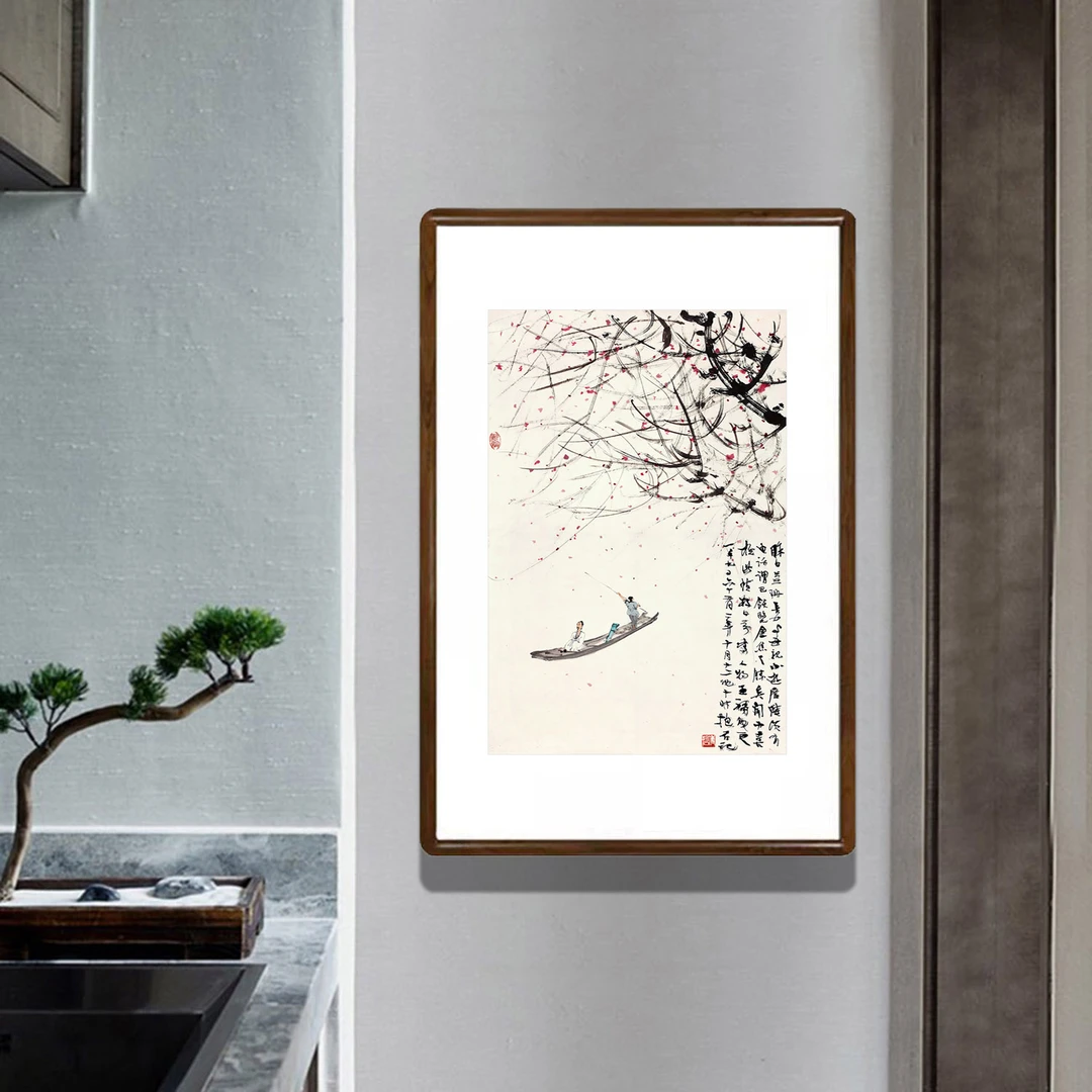 秋江放艇图国画水墨画新中式客厅玄关装饰画书房茶室走廊过道挂画