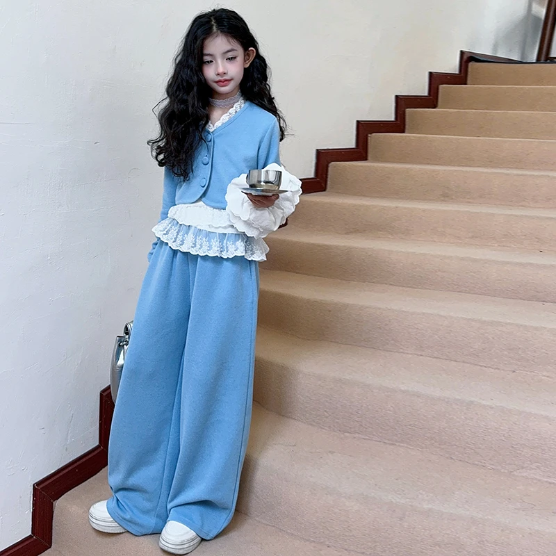 女童2025春韩系休闲套装蓝色短款针织衫蕾丝边打底T恤阔腿裤套装