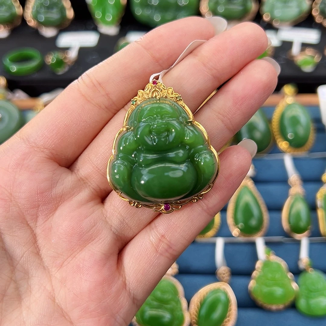 和田玉（碧玉）18K金镶嵌吊坠(不含链)