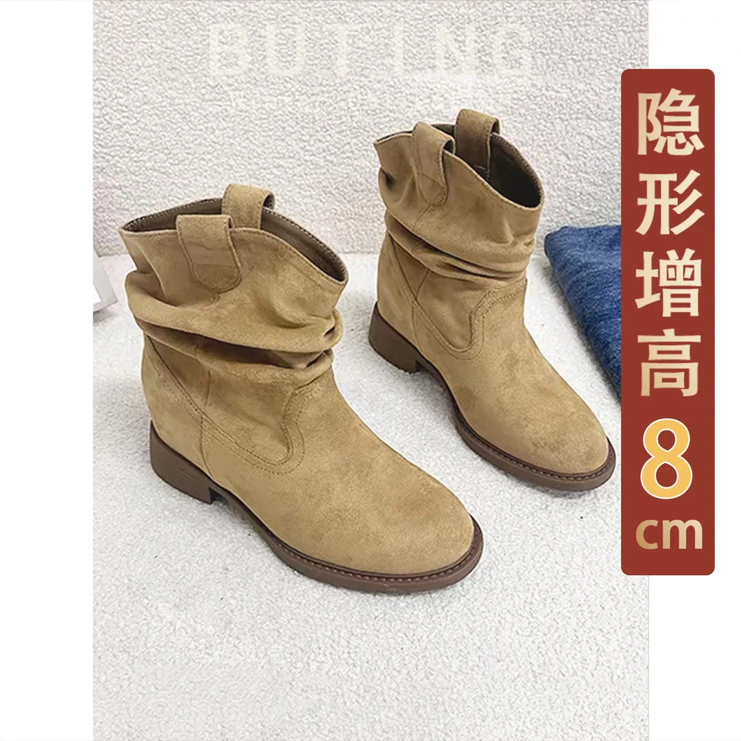 【8厘米隐形增高】显瘦褶皱单靴复古春秋女靴英伦风时装马丁靴粗跟