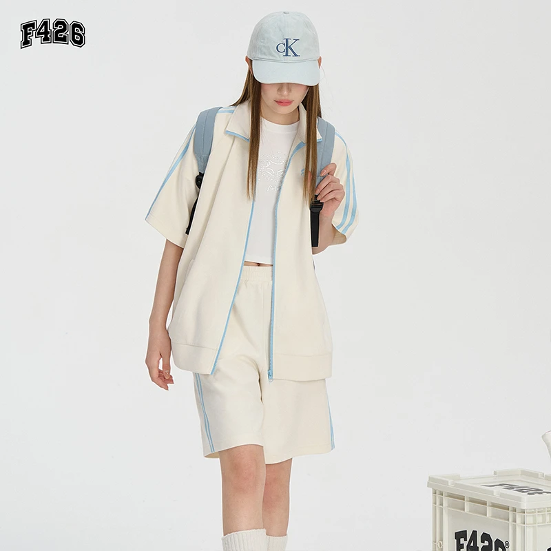 F426国潮牌情侣夏季仿麂皮短袖短裤休闲运动套装户外潮流T恤5822