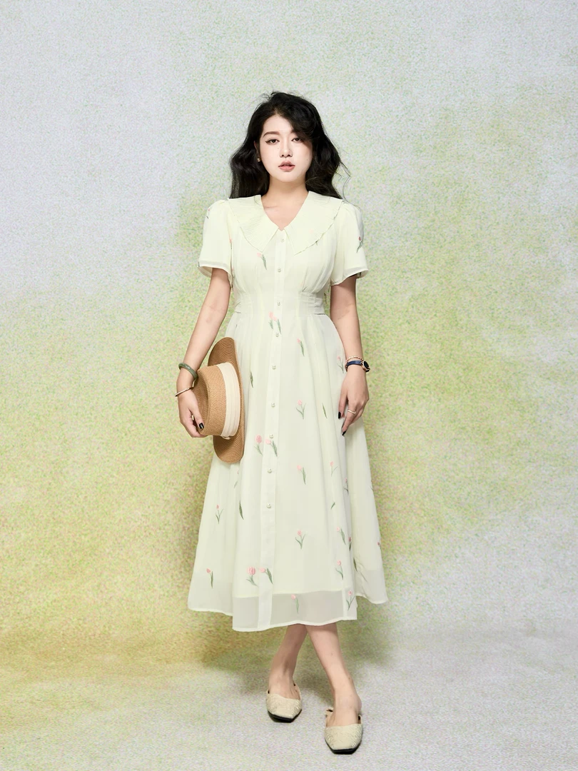 月半鱼【春田花宴】法式气质显瘦连衣裙甜美娃娃领收腰茶歇长裙