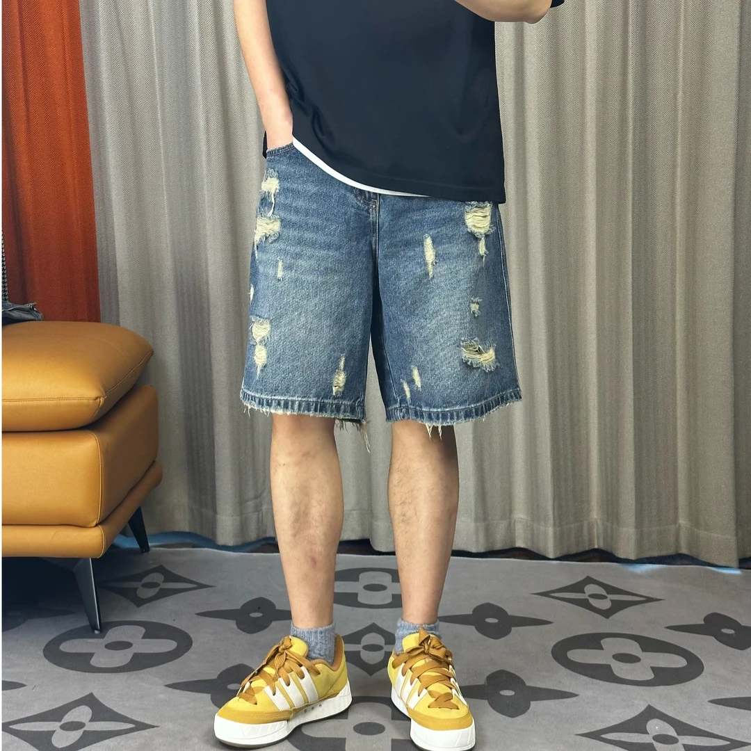 夏季新款复古做旧水洗破洞牛仔短裤美式休闲潮牌五分直筒宽松中裤