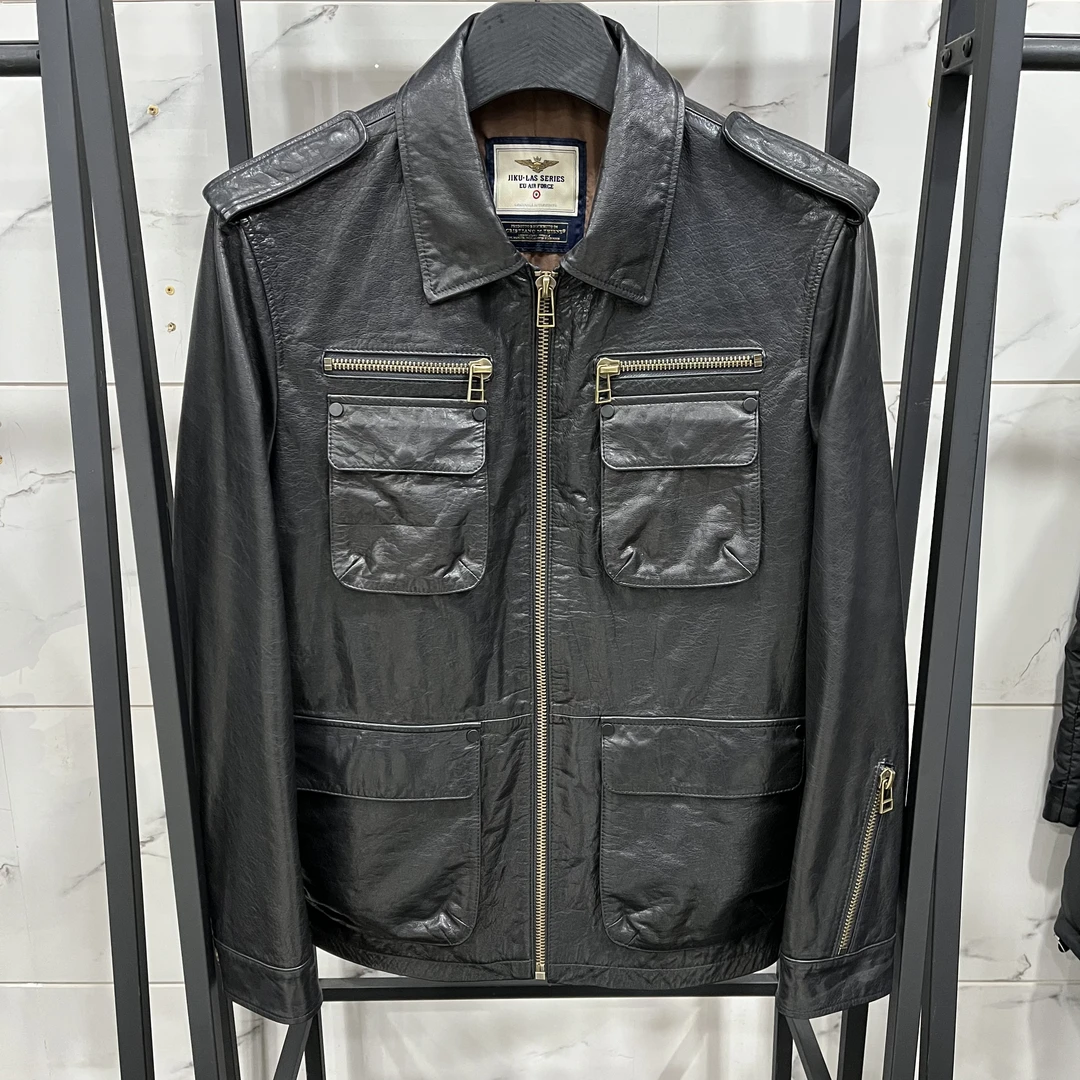 男士新款潮牌时尚短款休闲牛皮油蜡方领猎装2435真皮皮衣黑色经典