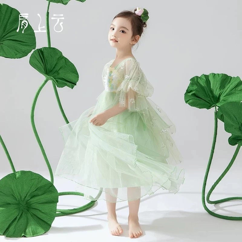 肩上云【绣花细语】女童小花纱袖汉服裙夏季女孩新中式儿童连衣裙