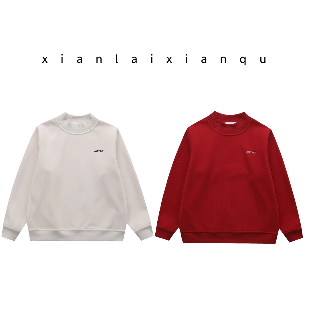 冬新款加绒加厚运动休闲百搭潮流针织，纯色半高领正肩卫衣秋冬女