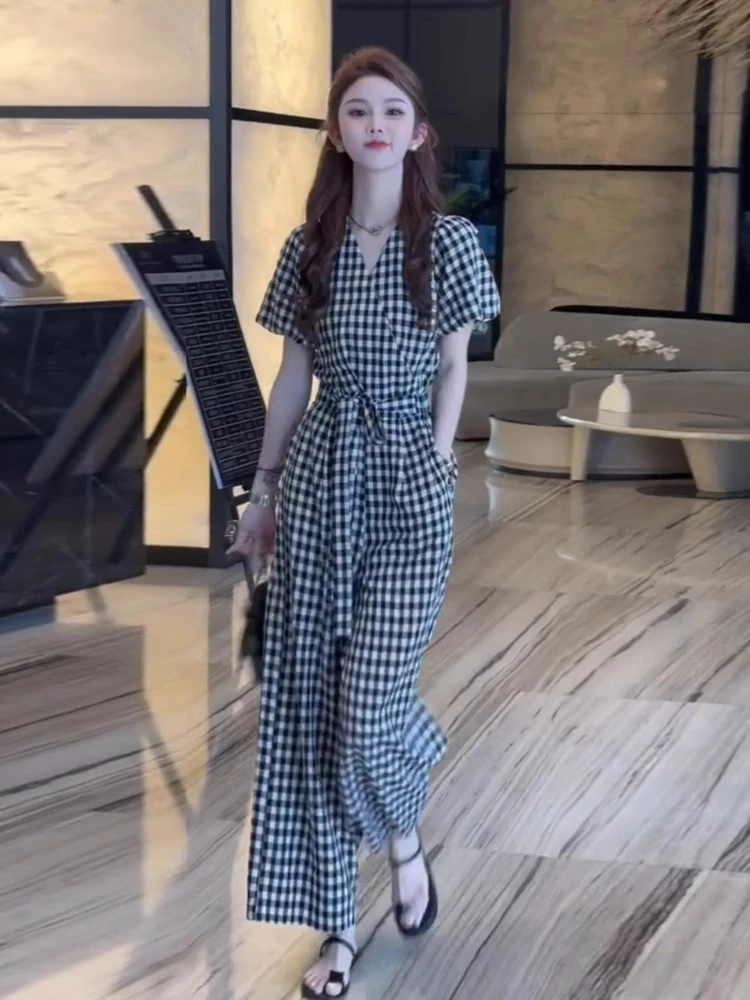 森系慵懒松弛感小个子连体裤2025年夏季茶歇法式高级感格子连衣裤