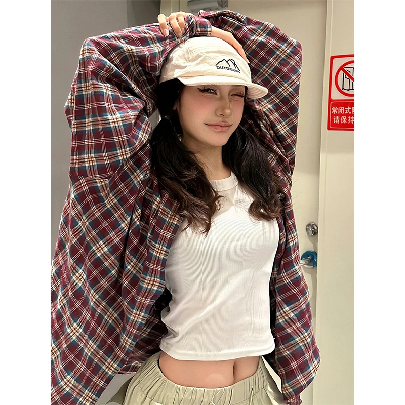 美式格子oversize宽松衬衫女春季2025新款polo领休闲衬衣防晒外套
