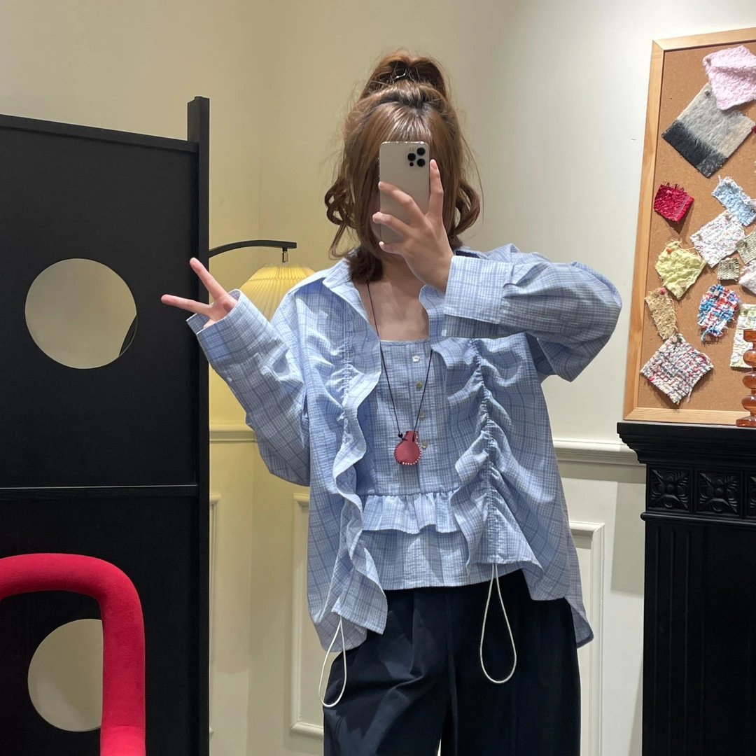 衬衫秋季格纹蓝色薄款韩版宽松气质设计感百搭显瘦长袖上衣衬衣