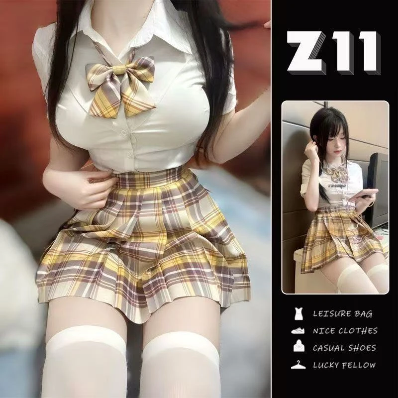 原创jk制服紧身收腰衬衫学院山吹格裙百褶裙辣妹短袖白色衬衫套装