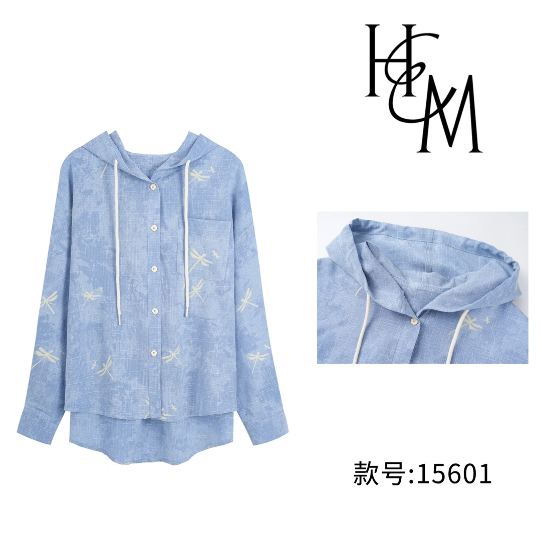 时尚设计款琥珀流光扎染蜻蜓印花连帽衬衫【15601】