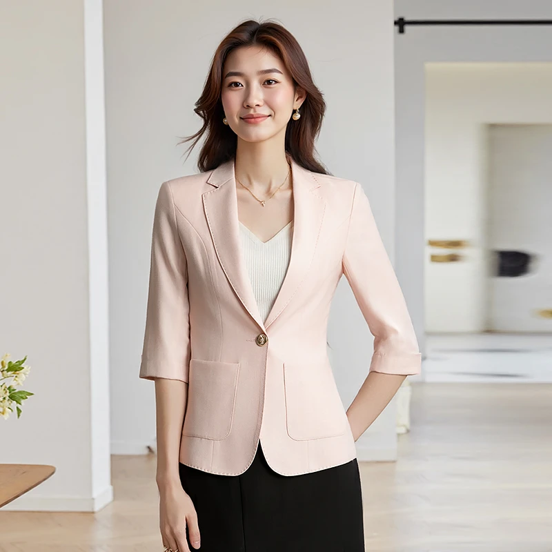 气质时尚七分袖一粒扣短款上衣小西服夏季小个子修身韩版