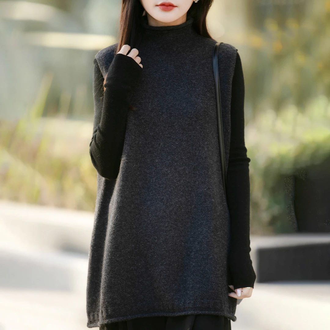 韩版慵懒风无袖针织衫女高领秋冬中长款毛衣坎肩宽松保暖外搭