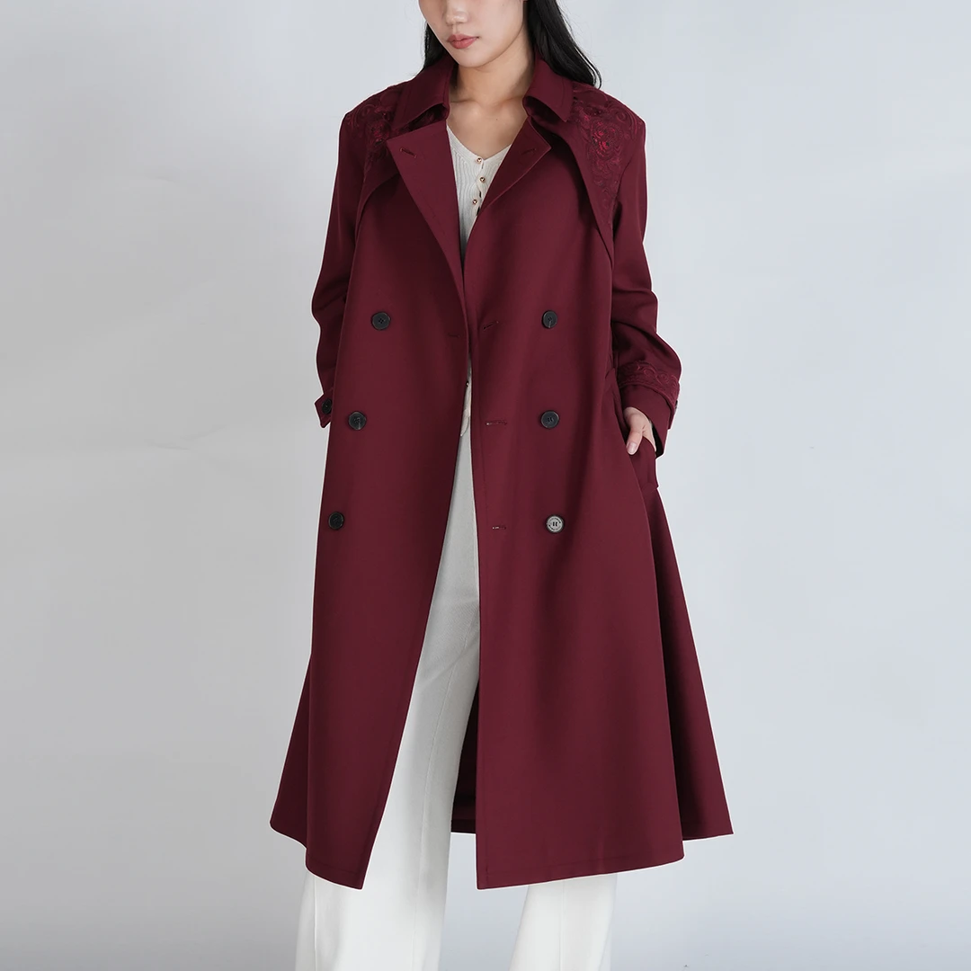 国风刺绣百搭时尚优雅气质暗扣长款风衣YECL040276