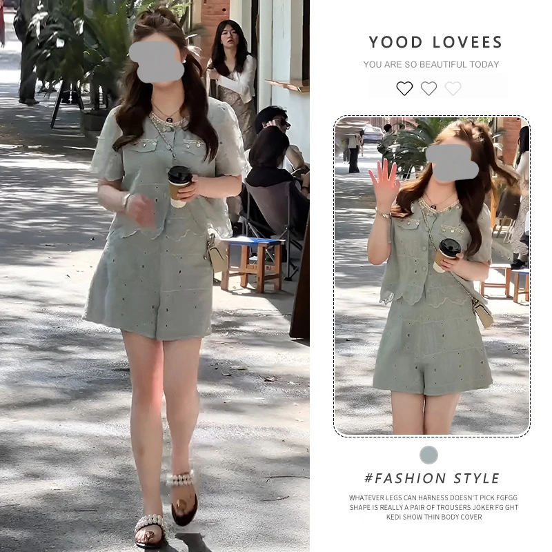 小香风短袖蕾丝上衣短裤套装女夏季时尚洋气时髦小个子穿搭两件套