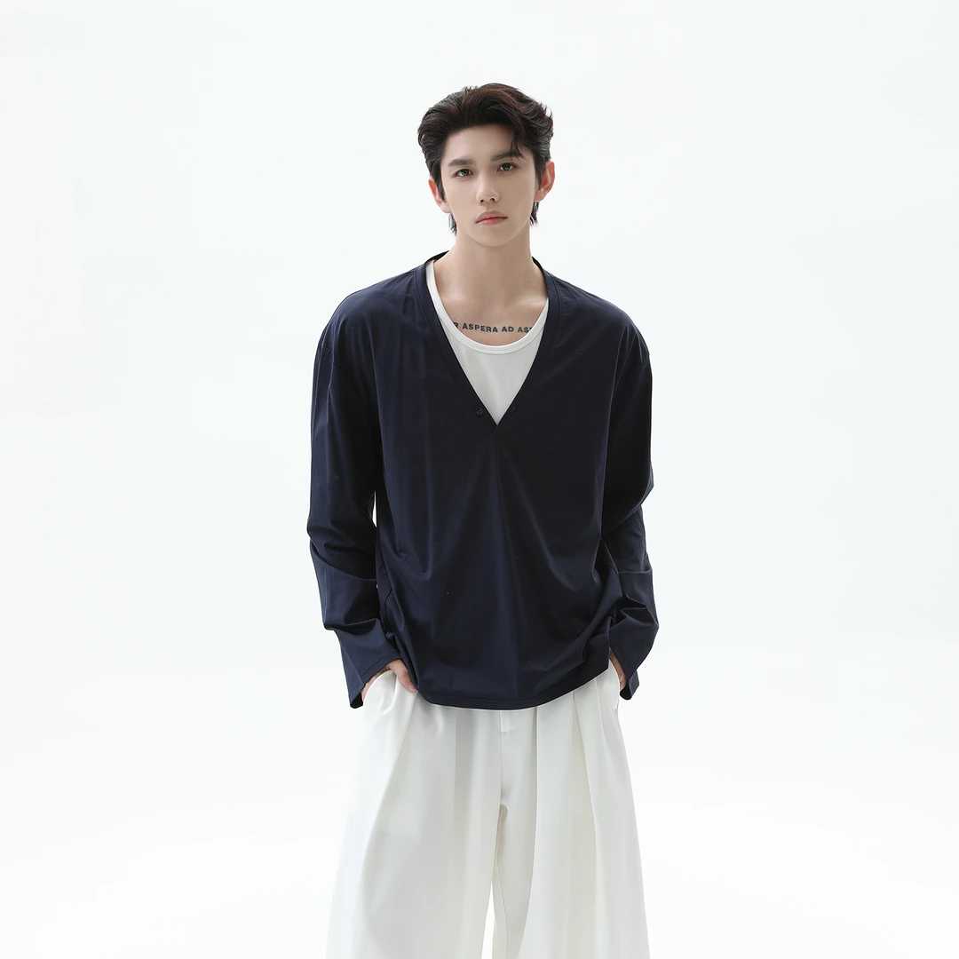 TURNTIDE简约V领廓形长袖T恤cleanfit男宽松休闲松弛通勤百搭上衣