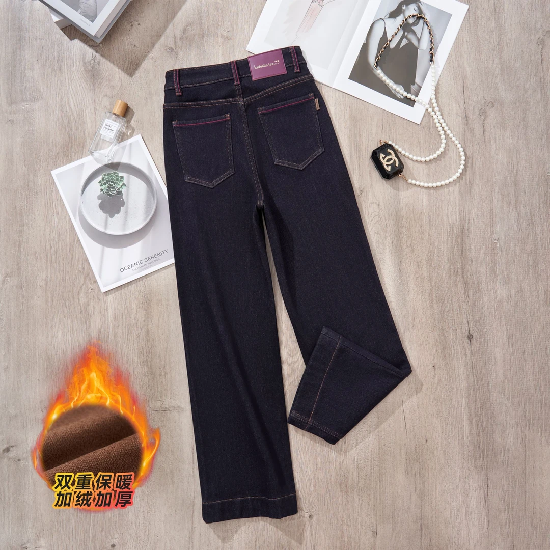 秋冬加厚有加绒牛仔裤高腰百搭直筒时尚秋冬女保暖窄版直筒裤