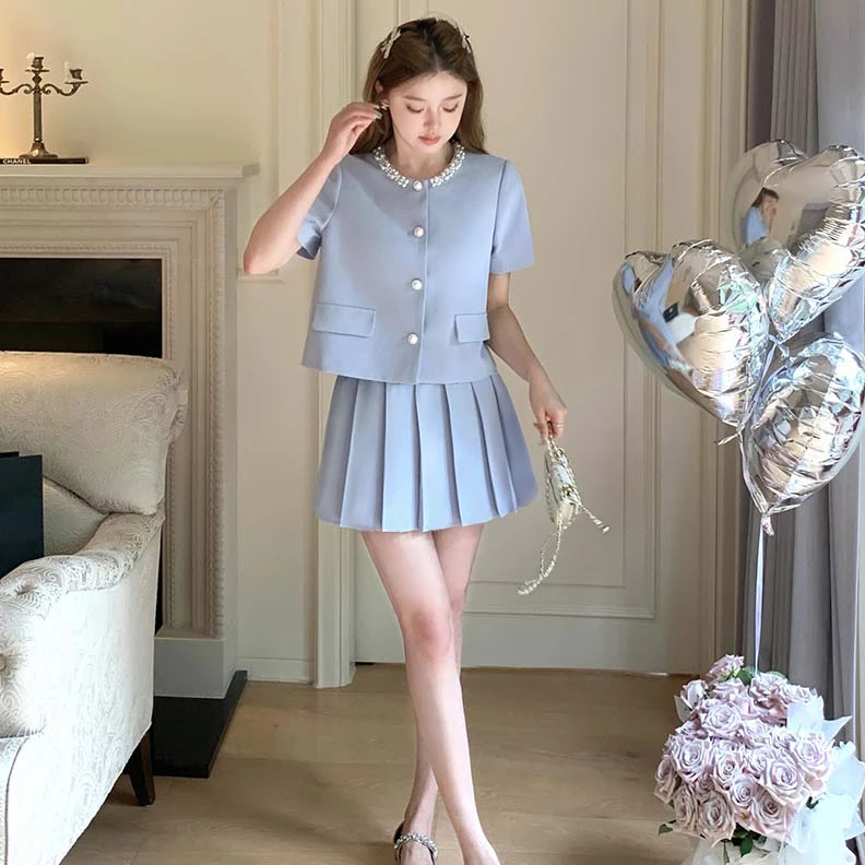 【两件套】【有里布】新款法式小香风套装女夏高级感上衣百褶裙D2046