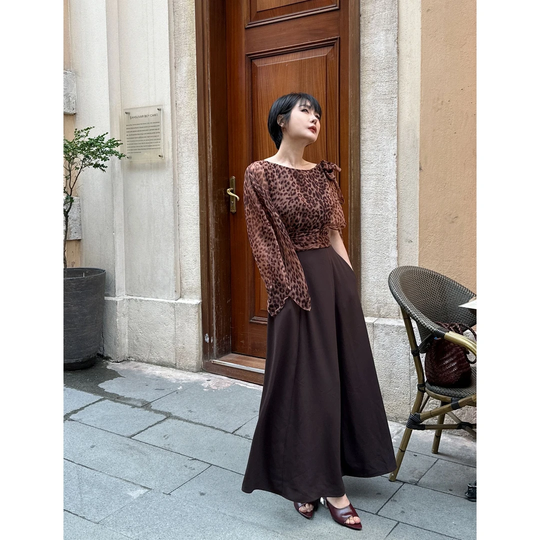 【复古情怀】超美假2件造型感豹纹纱斜肩拼接长款大摆连衣裙夏新款