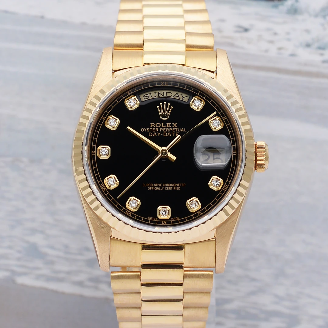 99新 Rolex/劳力士 爱换拆单/星期日历18238黑盘18K黄金36mm