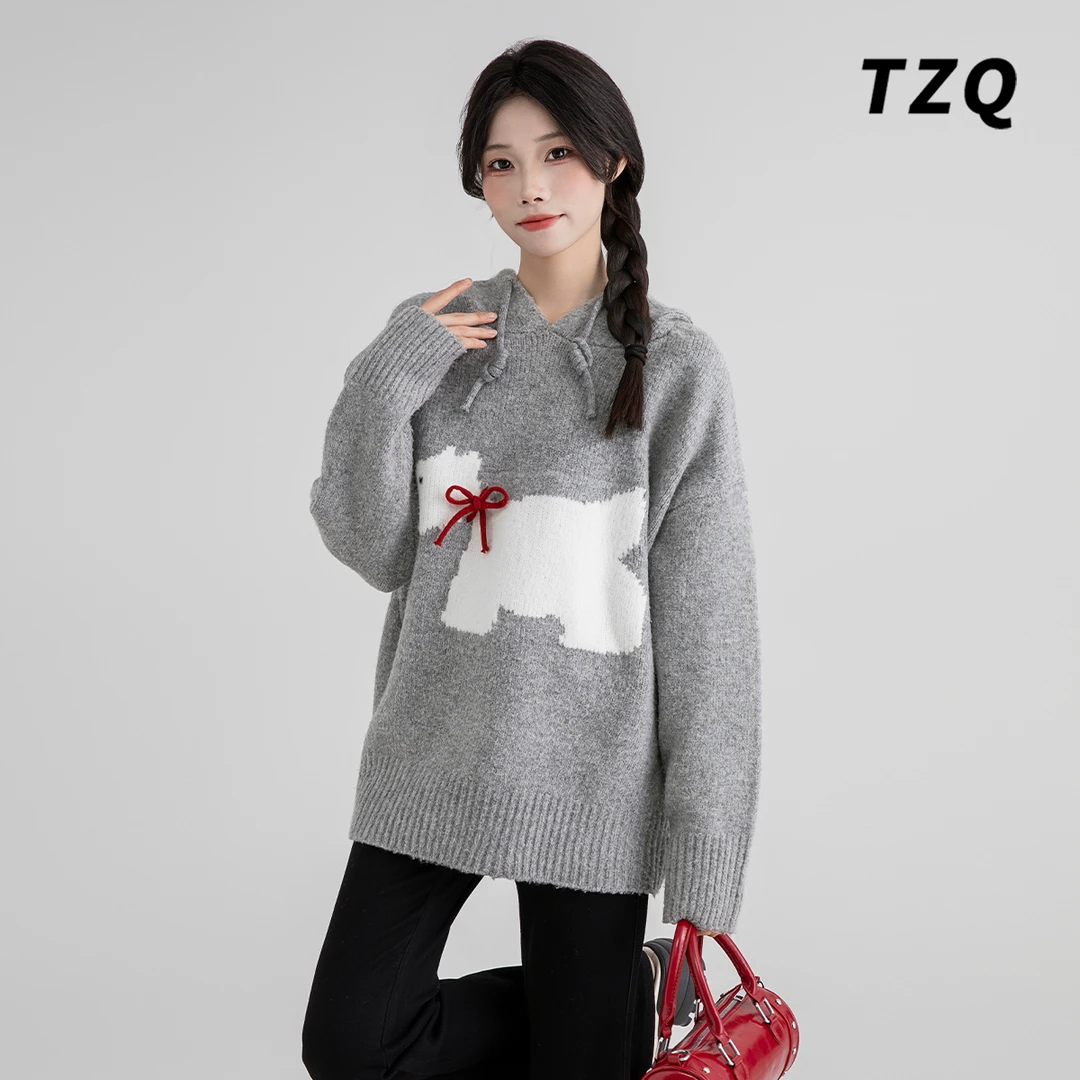 灰色加厚连帽套头针织毛衣女秋冬季小个子内搭卫衣外套