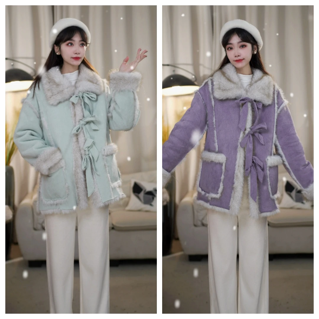 新款时尚冬季气质百搭保暖加绒短款皮毛一体外套-77106