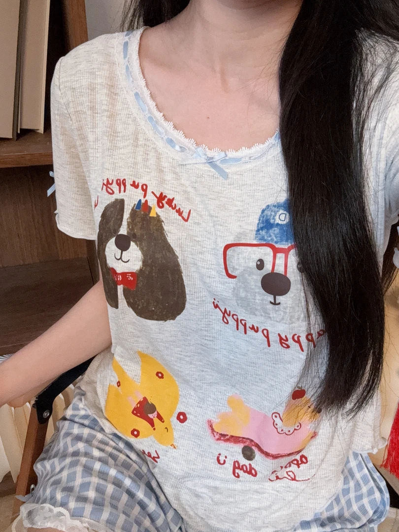 派对小狗~带胸垫短袖女士夏家居服套装~H66