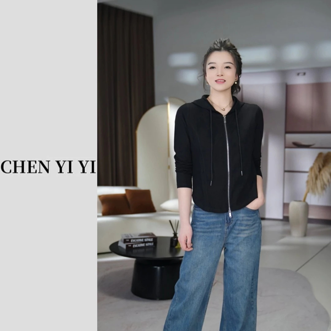 拉链连帽上衣2025春季新款百搭韩系设计感休闲纯色外套女长袖短款