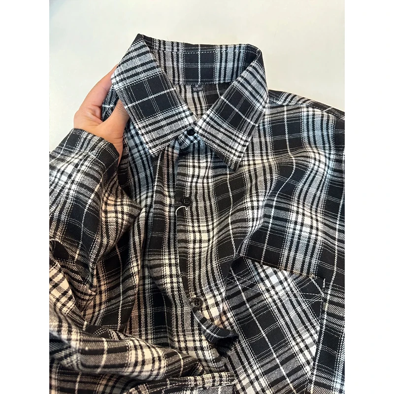 2025早春黑白格子衬衫男款中性风美式复古长袖衬衣高级感情侣外套