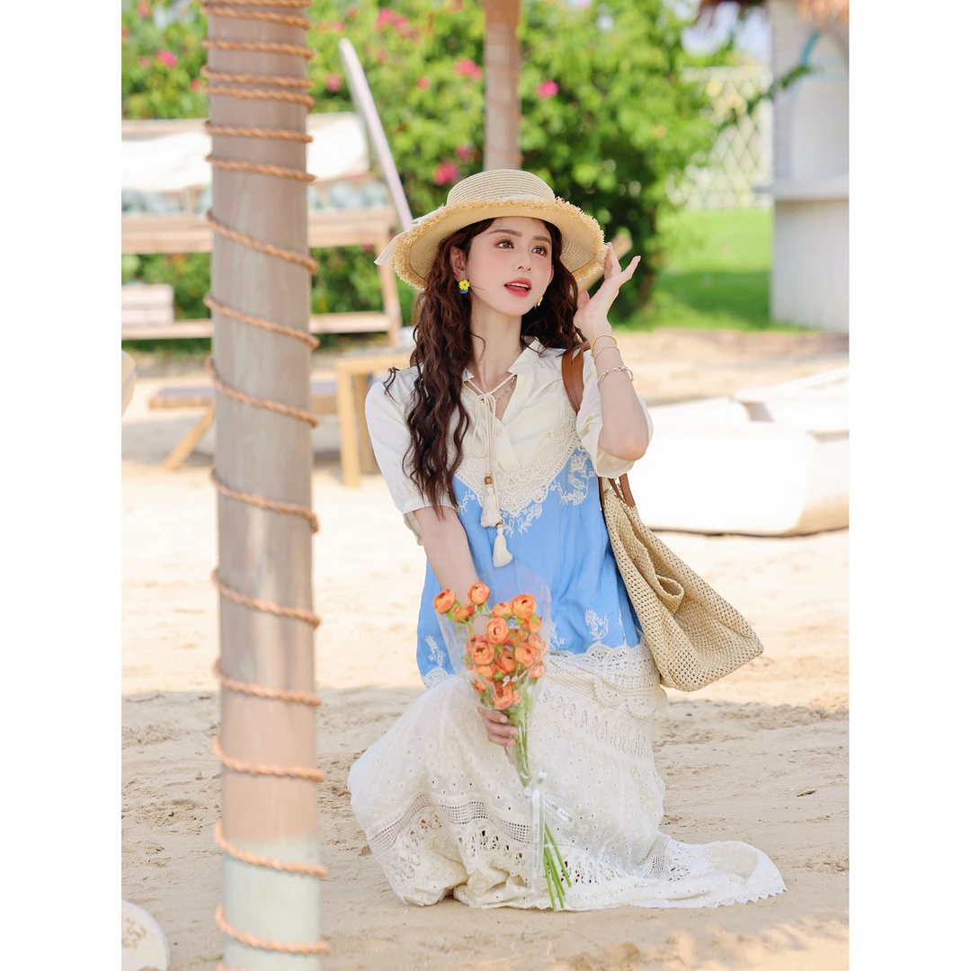 陈大器【蓝屿白沙】港风复古假俩件拼接夏季百搭夏季衬衫JS1116201