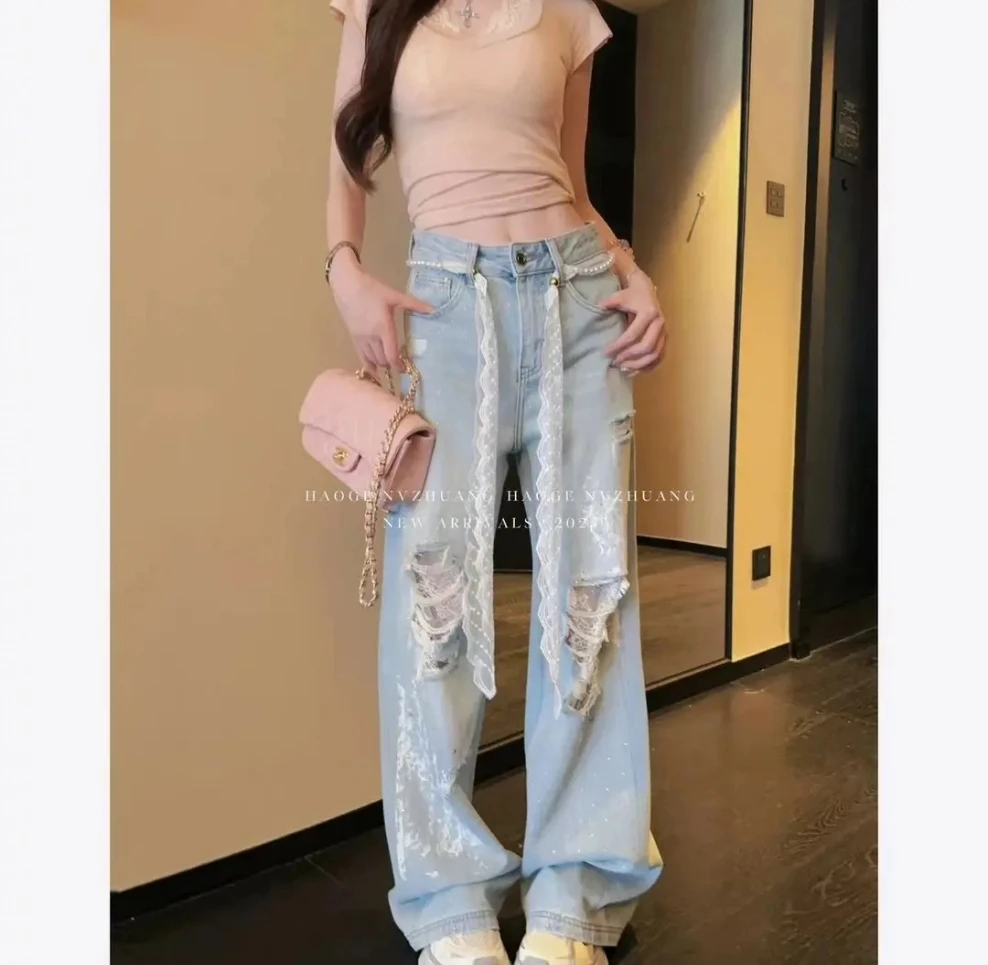 春夏季时尚休闲高腰牛仔裤百搭窄版阔腿裤显瘦直筒破洞