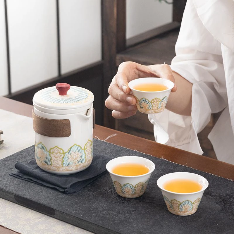 【陶野】宝相花旅行茶具套装旅游露营泡茶便携式户外快客杯一壶三杯