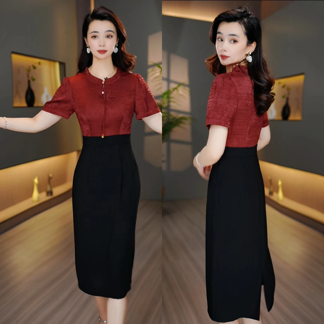 暗砖红盘花拼接连衣裙黑色直筒裙显瘦气质夏季时尚修身红裙小个子