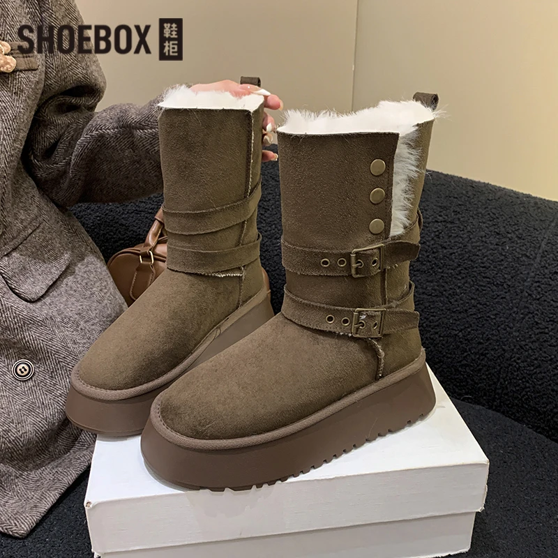 SHOEBOX鞋柜厚底保暖英伦风雪地靴女2025冬季保暖显瘦百搭女靴