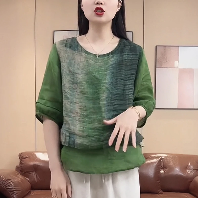 亚麻绿色短袖衬衫女士2025夏季时尚减龄显瘦褶皱高级感假两件上衣