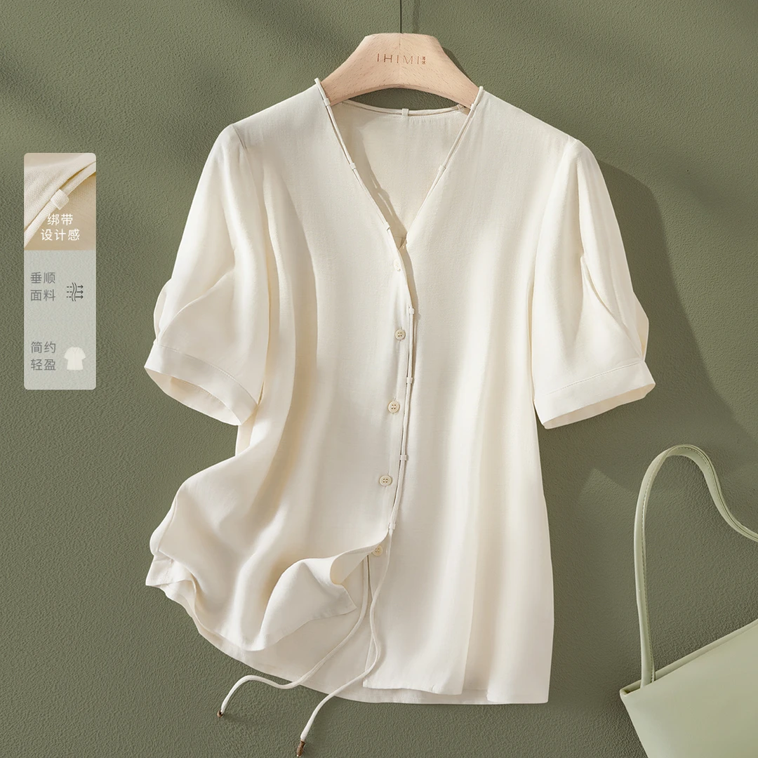 IHIMI/海谧清爽白色短袖衬衫2025夏季新款简约精致显瘦上衣女8538