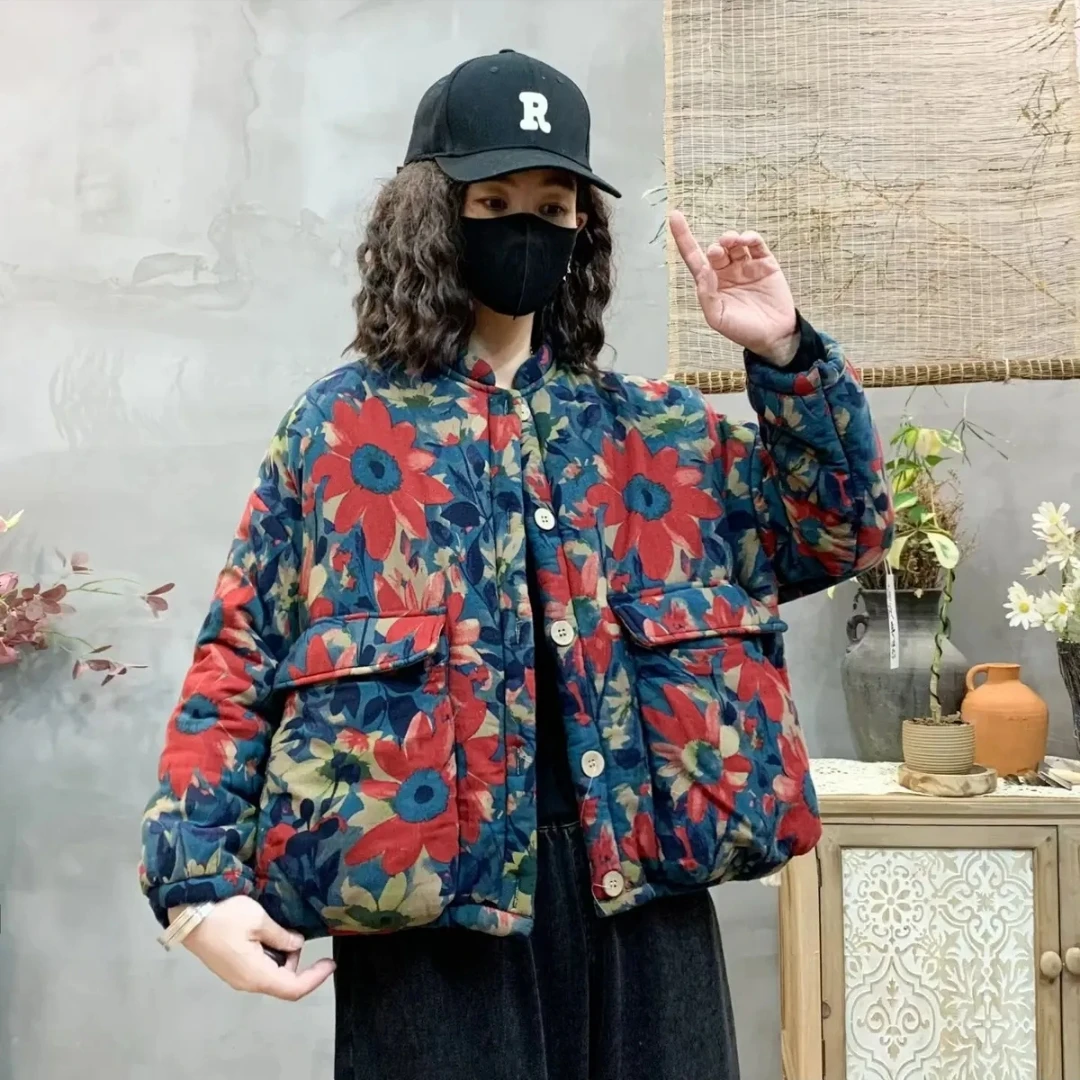 冬季新款民族印花立领加绒加厚宽松短款棉衣棉服棉袄外套保暖复古