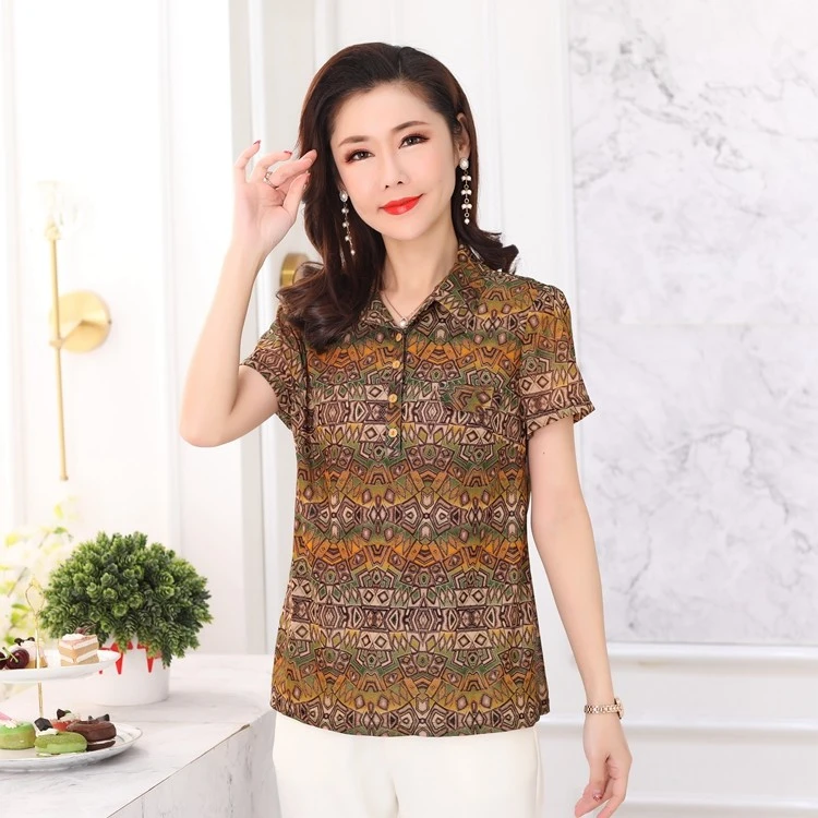 凯斯曼台湾网纱夏季短袖中老年女装修身速干薄款翻领上衣时尚洋气