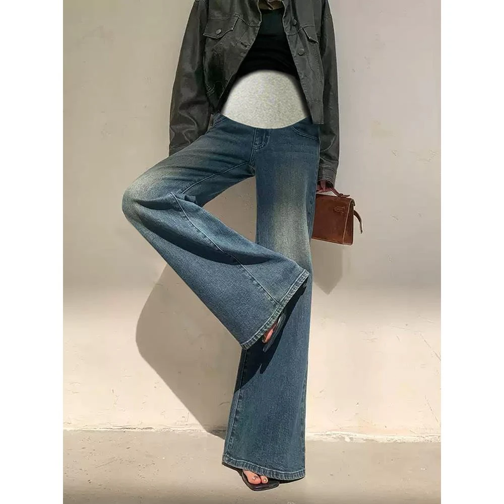 孕妇裤子外穿春秋季微喇叭牛仔裤时尚显瘦复古蓝弹力修身托腹长裤