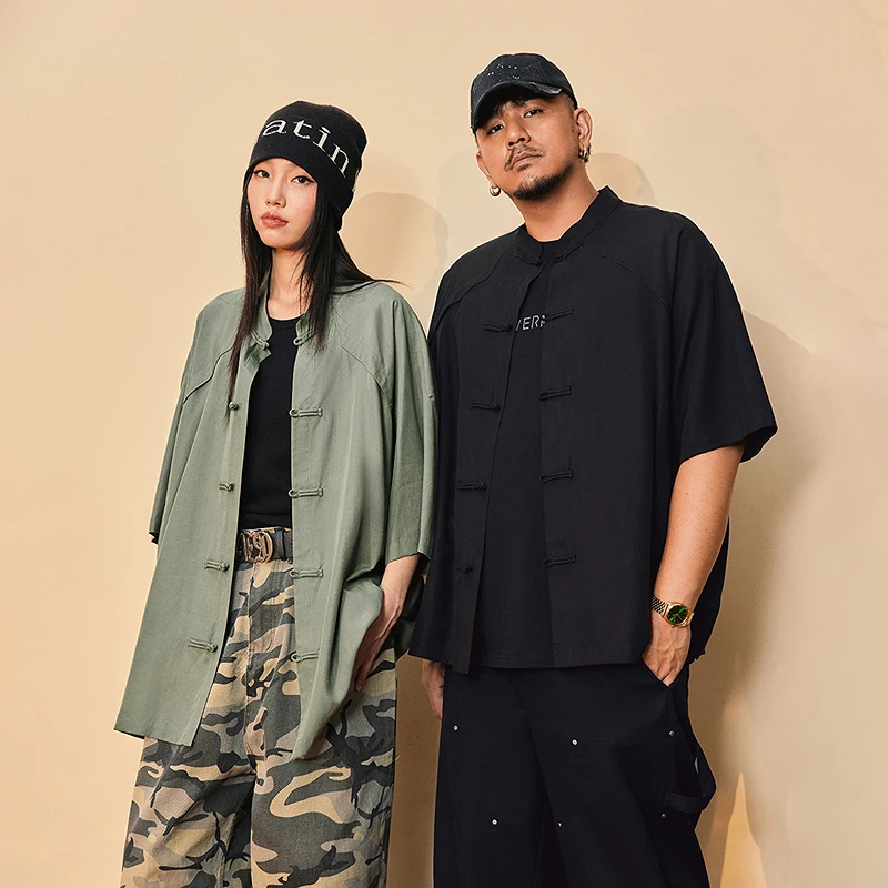 NMAX大码潮牌男装25年夏新中式精致盘扣半袖衬衫立领短袖FNC028